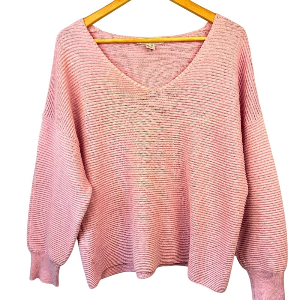 Tommy Bahama Bonita Pink Sparkle Ribbed V-neck Popover Relaxed‎ Fit Size XL